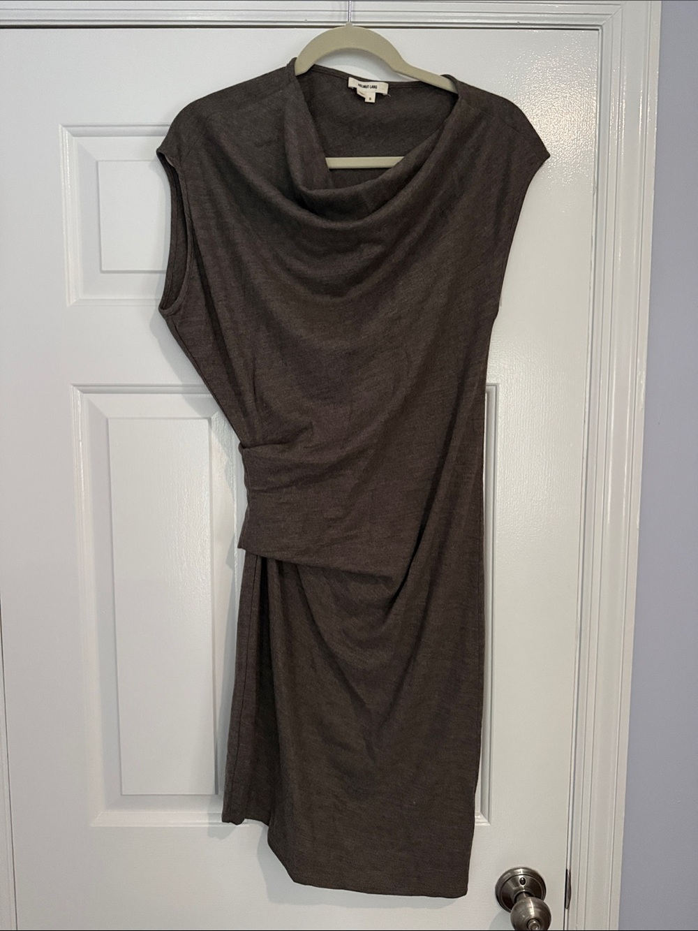 Helmut Lang Elegant Brown Draped Cowl Neck Women’s Dress